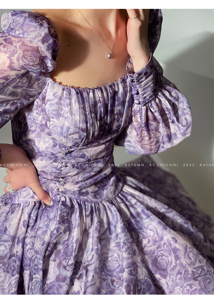 Aconiconi Square Collar Long Sleeve Tea Dress- Amethyst Water