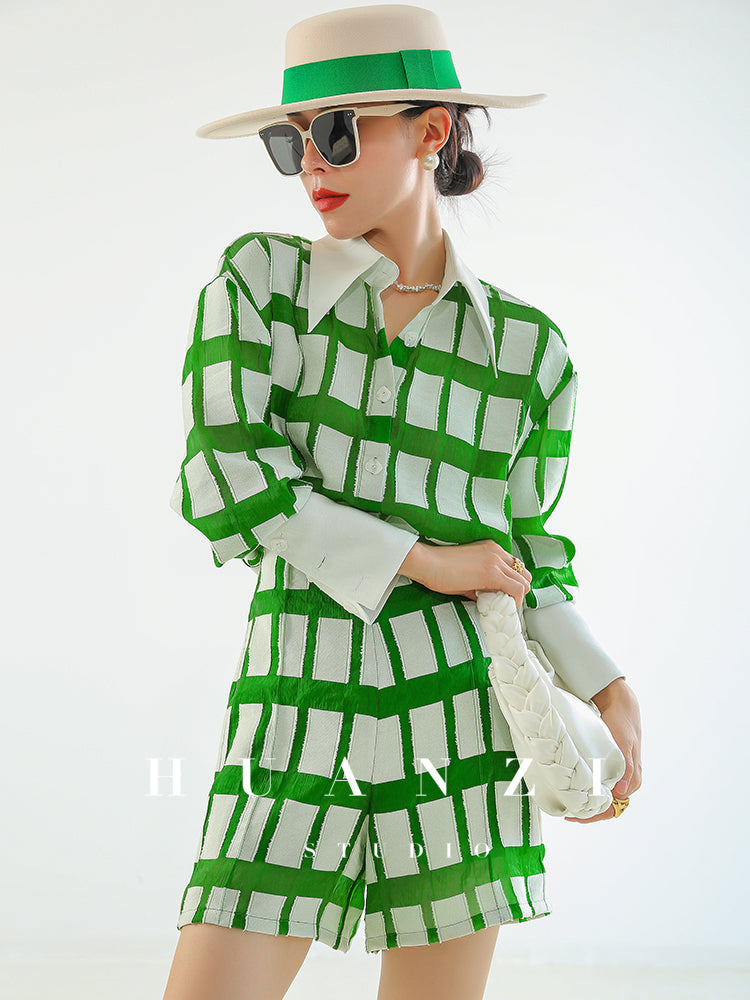 Huanzi jacquard plaid brushed green high waist short shirt - Guk