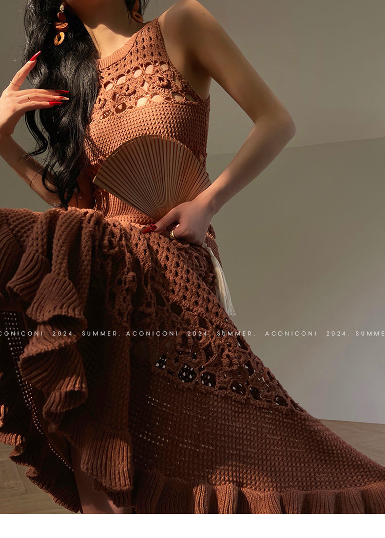 Aconiconi Elegant Brown Sleeveless 100% cotton Crochet Knitted Long midi Dress - Alice Dream