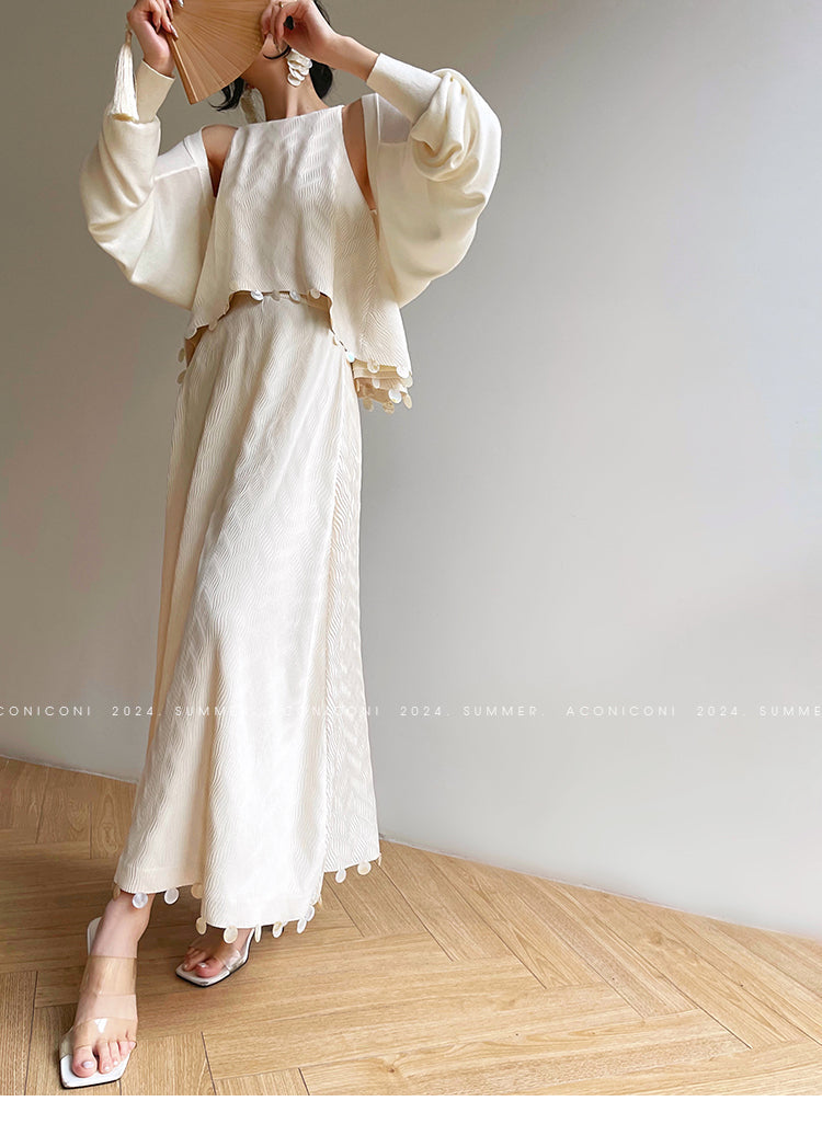 Aconiconi Elegant Beige Crew Neck Top/ High Waist Loose Long Skirt- Sea of Clouds Wind Chime