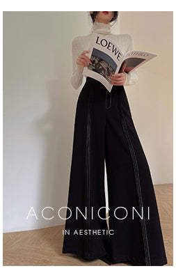 Aconiconi Elegant Black Sea Blue wide leg Long Chic Pants- Black Tea Salt Lake