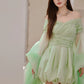 DOLLY High End Green ombre Off Shoulder Puff Sleeves Pleated Tutu Dress- Tulip