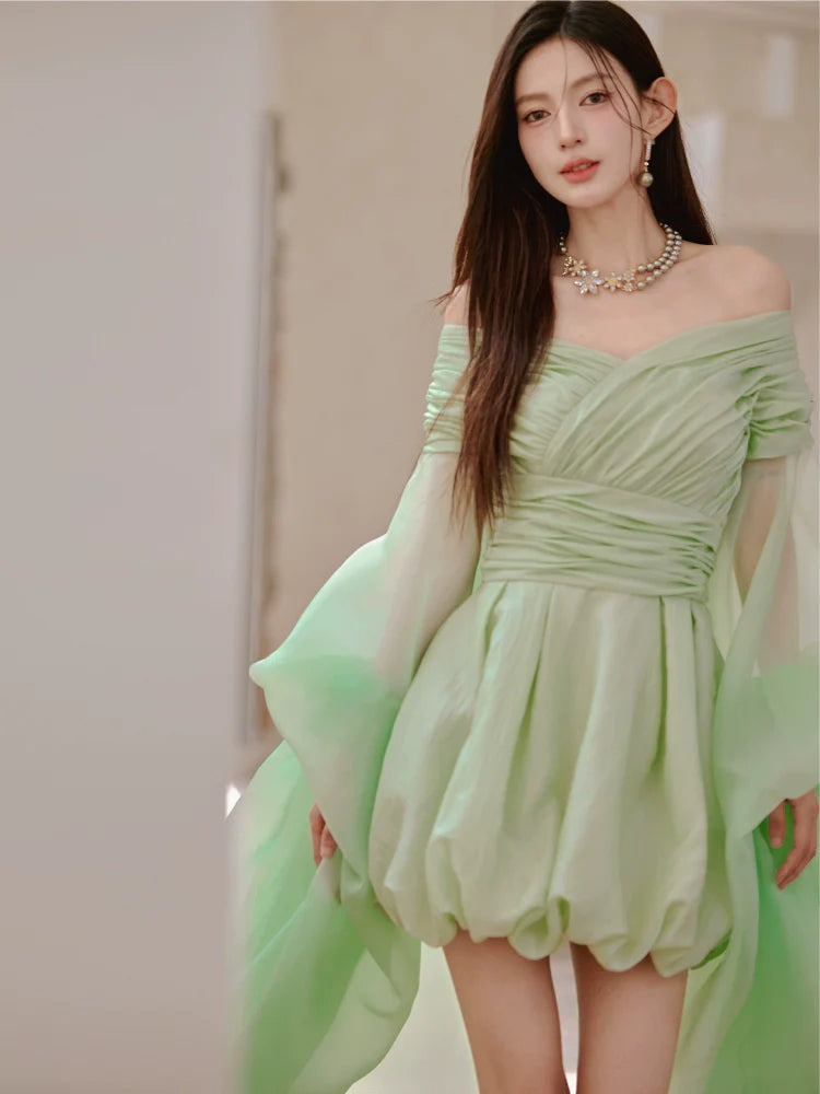 DOLLY High End Green ombre Off Shoulder Puff Sleeves Pleated Tutu Dress- Tulip