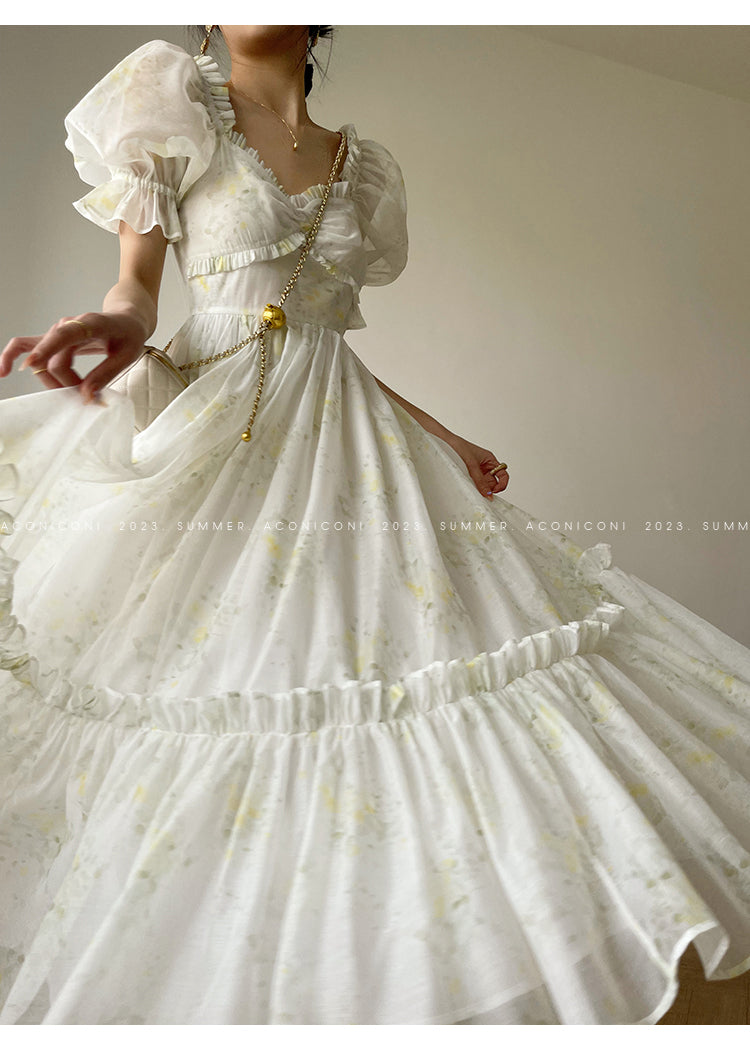 Aconiconi Luxury Off White floral print Puff Sleeve French cottaage bridal Dress- Yurui Chuning