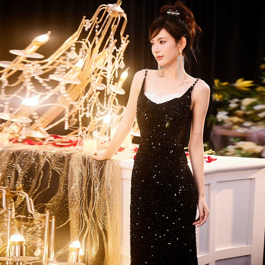 DOLLY Luxury Black Sleeveless Sequin High Waist Fish Tail Sexy Evening Dress-LYRA