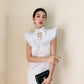 DOLLY Elegant White/Black Stand Collar Short Sleeve Short Fringe Dress-FRIYA