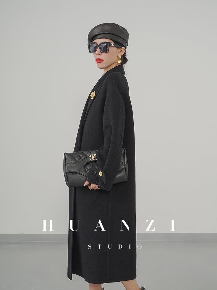 Huanzi tailoring couture minimalist double-sided cashmere wool tweed mid-length coat - Gaue