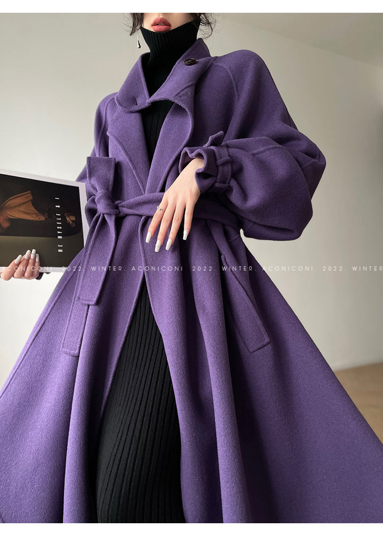 Aconiconi Autumn purple tan double-sided heavy wool cloak jacket long coat - Maple