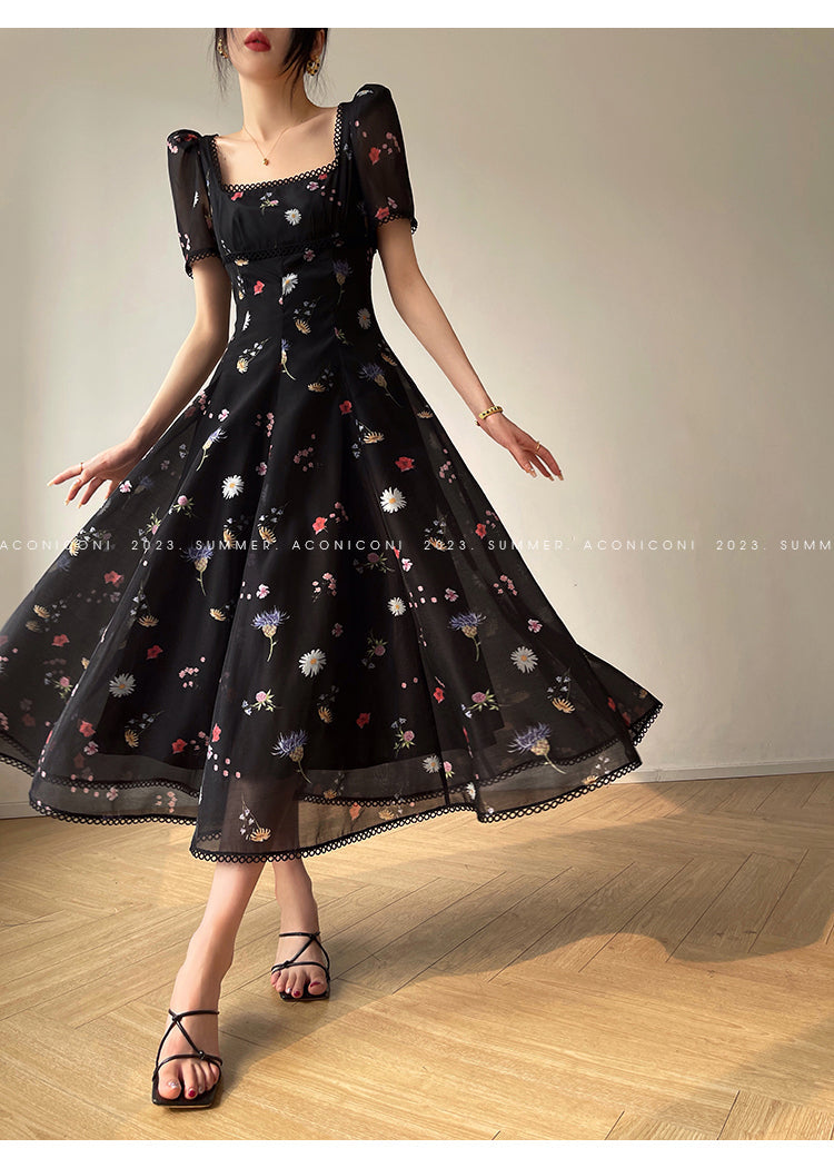 Aconiconi Elegant Black Floal Print Dinner Dress- Huajian Secret Realm