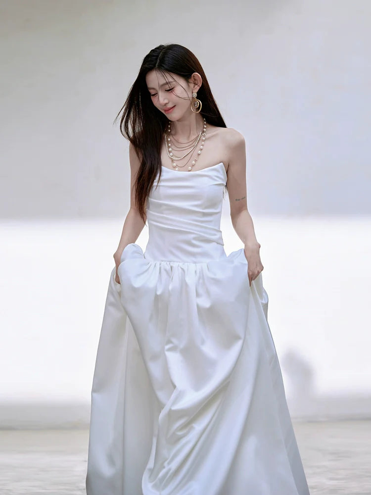 DOLLY Luxury White Satin Retro Bandeau Long Wedding Dress-NONYE