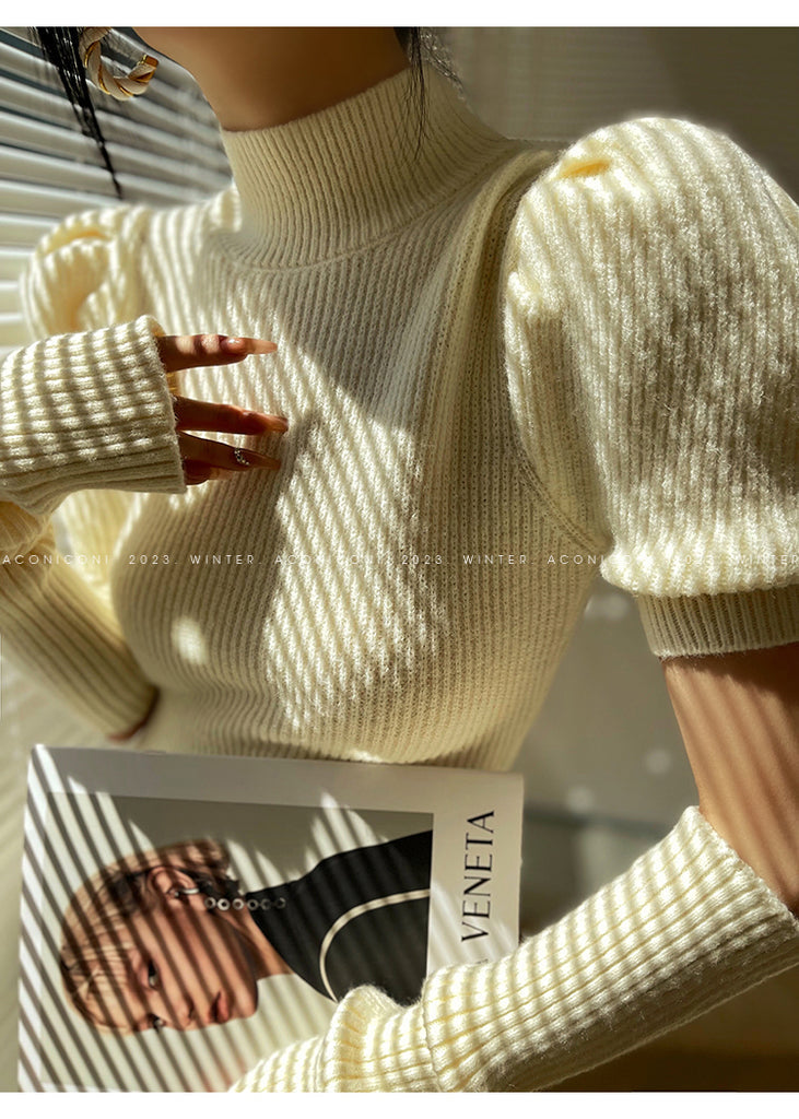 Cream milk red knitted puff sleeve sweater dress-  Mousse Milk Puff