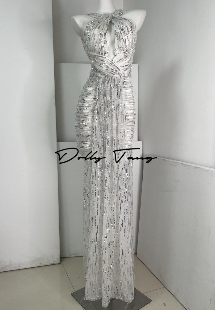 DOLLY High End White silver Glitter Deep V-Neck High Waist Long Party Dress-Xen