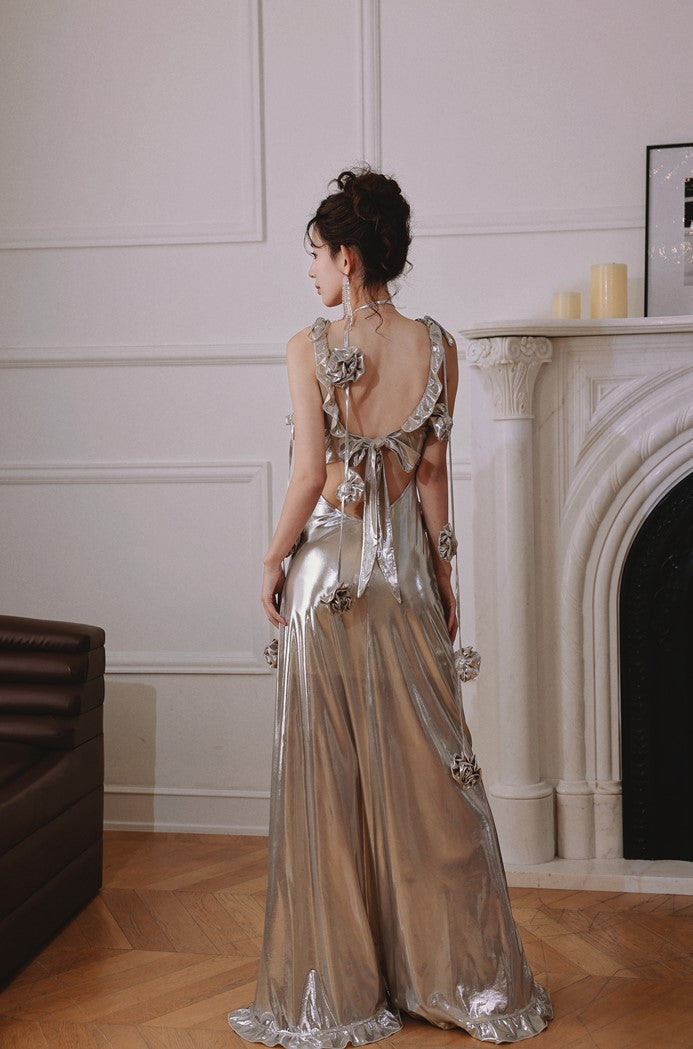 DOLLY Elegant Retro Sliver Gold Deep V-Neck Sleeveless Flower Long Cocktail Dress- Nisa
