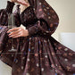 Aconiconi Autumn Floral print French A line brown cottage Dress- Samba Moon