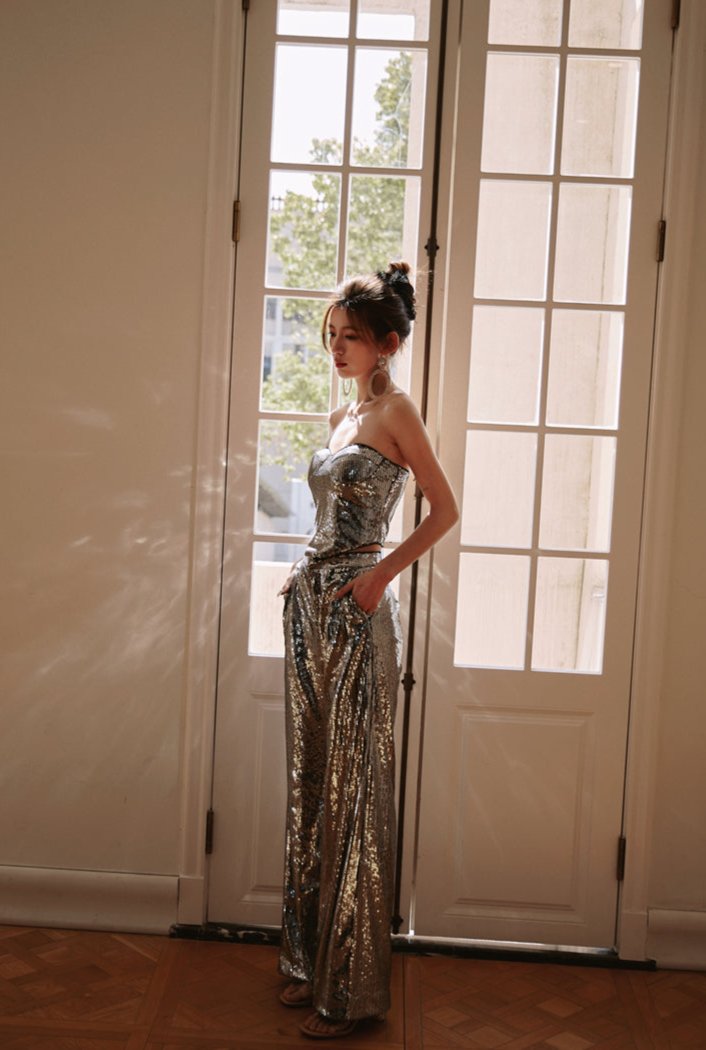 DOLLY Luxury strapless Sequin Top + Long Sequin High Waist Flare Pants suit setpantpa-THEA