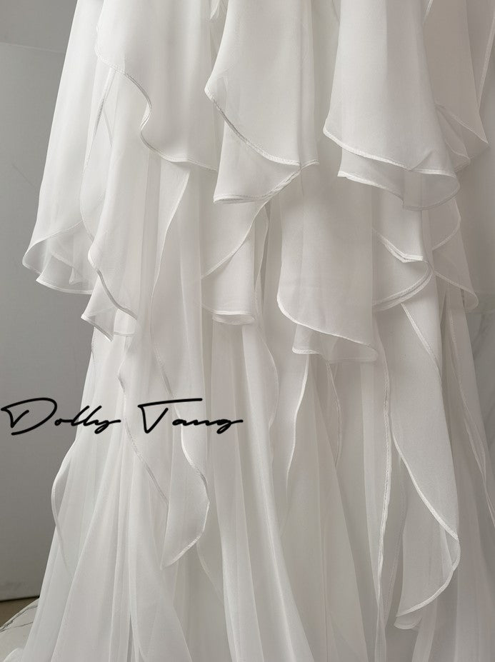 DOLLY Luxury White V-Neck Sleeveless Loose Ruffle Wedding Dress-Yola