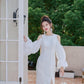 DOLLY Elegant White Retro Style Crew Neck Bubble Sleeves Long Slit Dress-RAIN