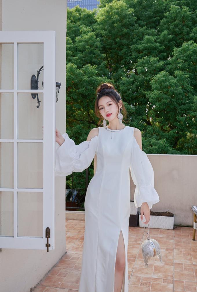 DOLLY Elegant White Retro Style Crew Neck Bubble Sleeves Long Slit Dress-RAIN