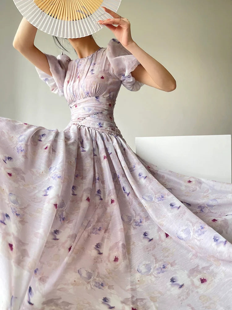 Aconiconi Luxury French Lilac Short Puff Sleeves Dress- Butterfly Dancing Firefly