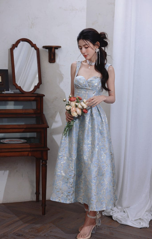 DOLLY Elegant Light Blue French High Waist Long A-Line jacquard Dress- Piere