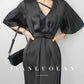 Huanzi high-end satin black V-neck slim pleated dress - Nigoi