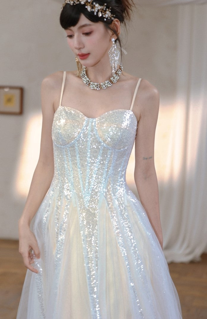 DOLLY Elegant Off White Sleeveless Sequin Long Wedding Guest Dress-Star