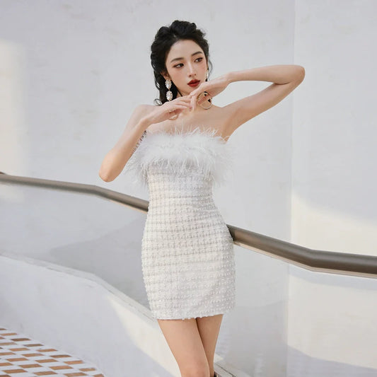 DOLLY Elegant White Feather Strapless Bandeau Birthday Dress- Julia