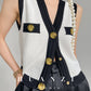 Huanzi custom V-neck knitting sleeveless blakc abd white top - Chiae