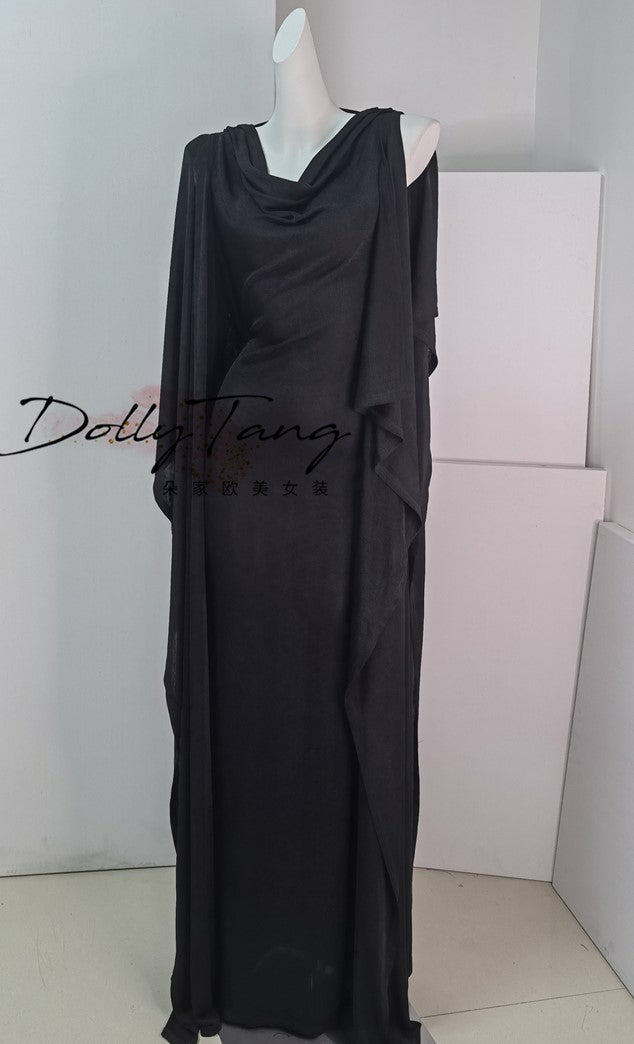 DOLLY Elegant Black Swing Collar Sleeveless Open Back Drape Dress-Kaka (V)