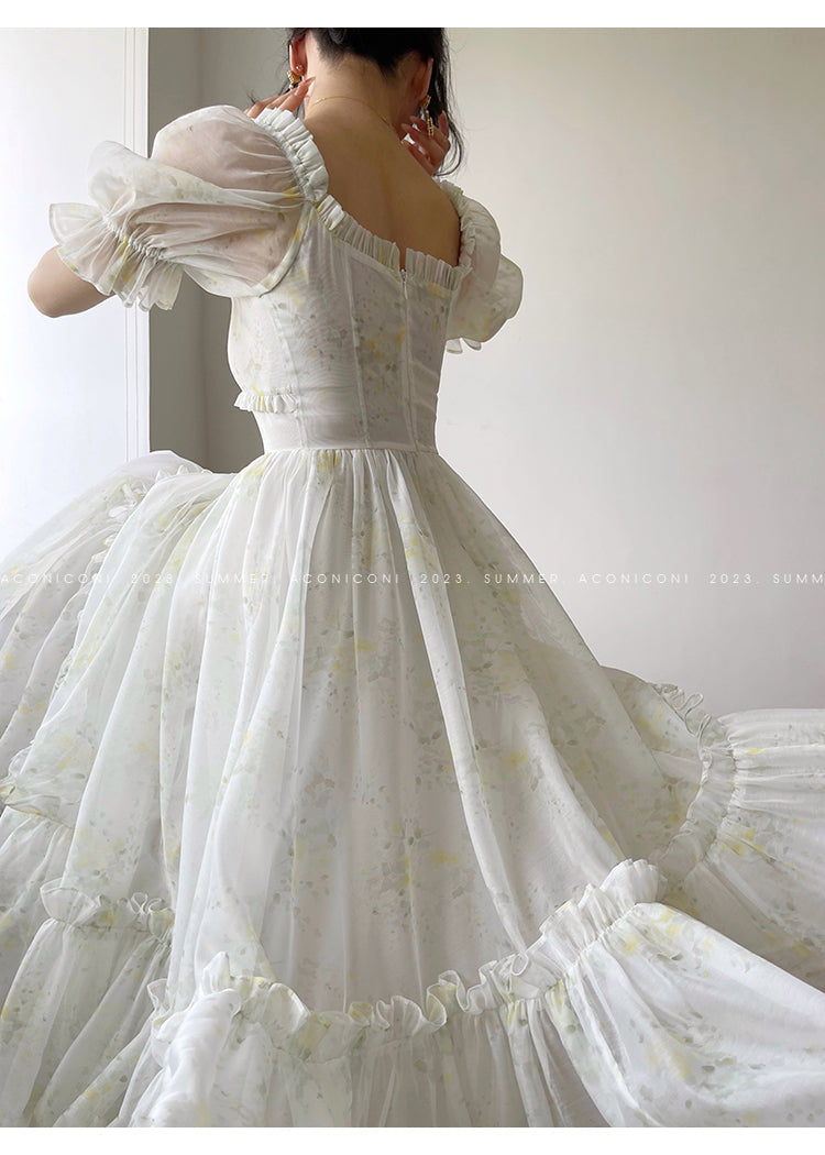 Aconiconi Luxury Off White floral print Puff Sleeve French cottaage bridal Dress- Yurui Chuning