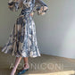 Aconiconi Luxury Retro French Print Long A-line Ribbon Dress-Time Island Blue