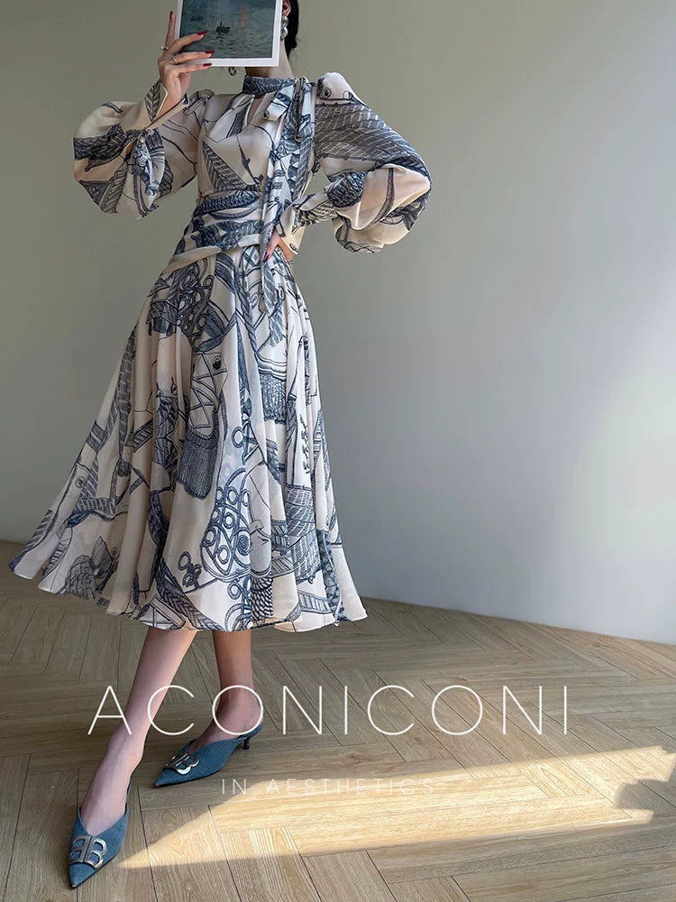 Aconiconi Luxury Retro French Print Long A-line Ribbon Dress-Time Island Blue