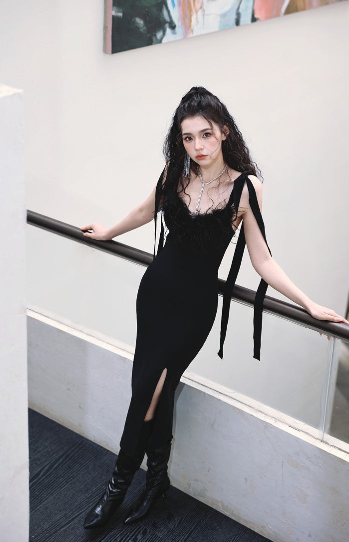 DOLLY Elegant Black French Style Body Shape Suspender Dinner Dress-LENA (V) M / Black DOLLY Elegant Black French Style Body Shape Suspender Dinner Dress-LENA (V) M / Black