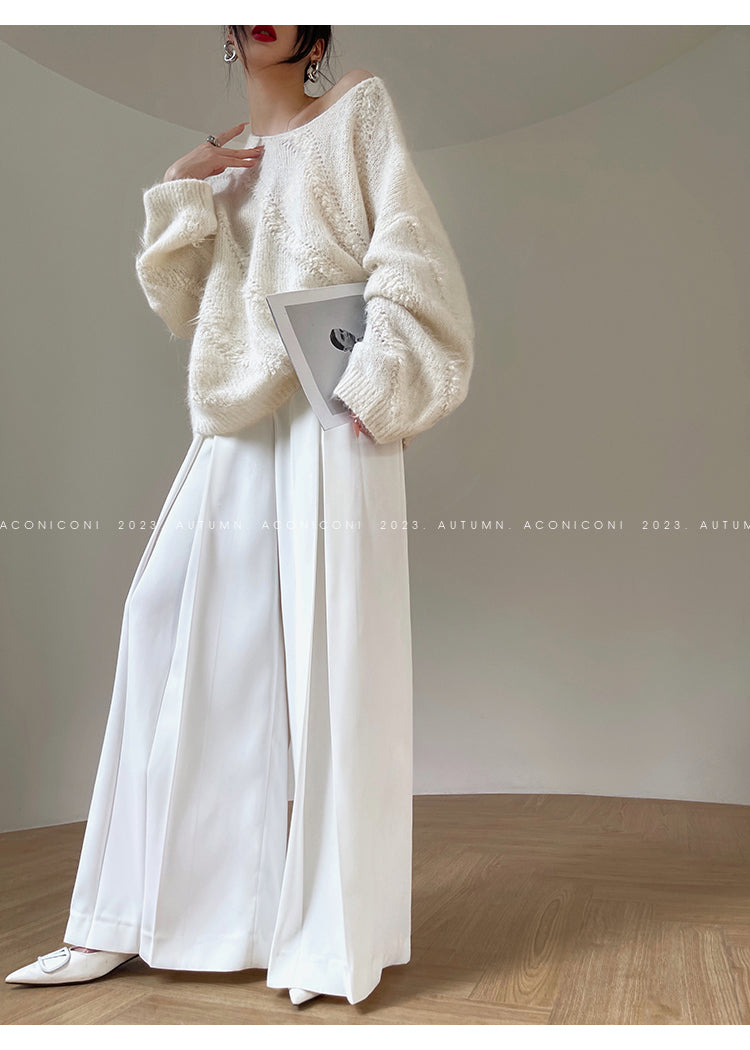 Aconiconi Eleant White Waist Loose Long Straight Suit Dinner Pants- Cloud Steps