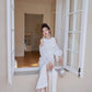 DOLLY Elegant White Retro Style Crew Neck Bubble Sleeves Long Slit Dress-RAIN