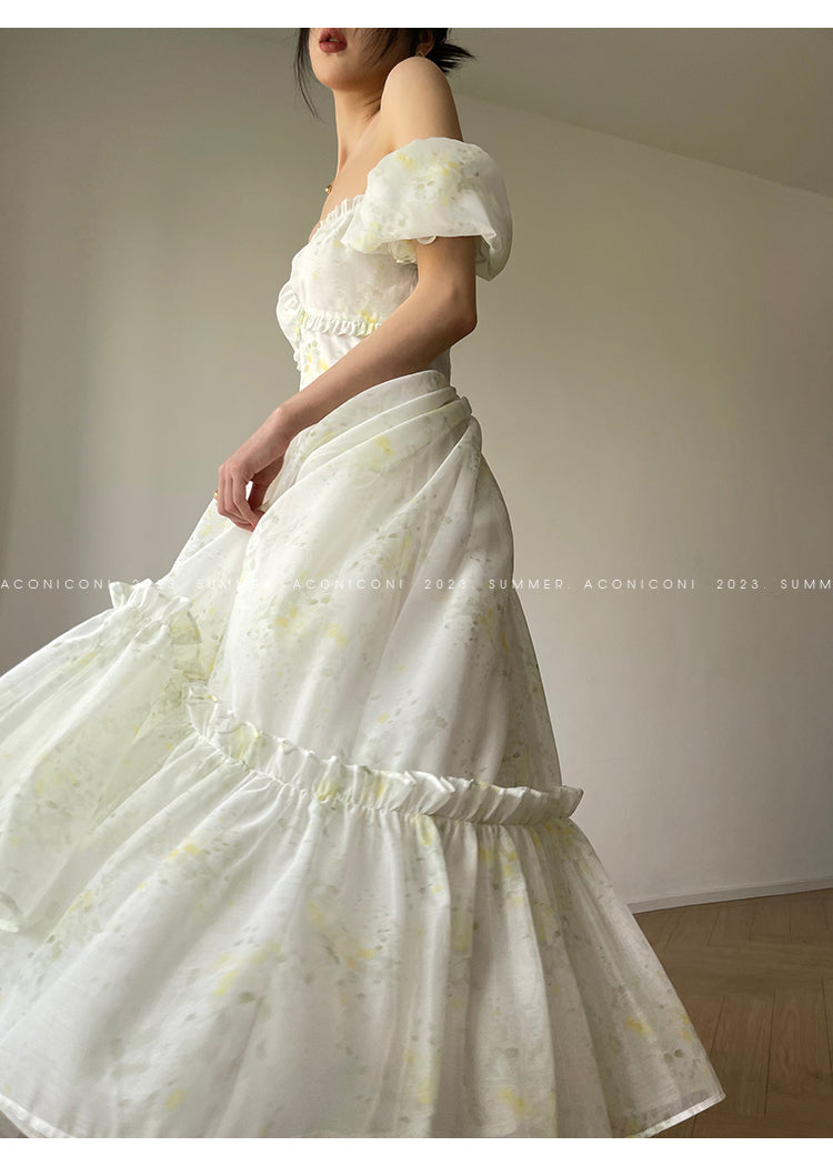 Aconiconi Luxury Off White floral print Puff Sleeve French cottaage bridal Dress- Yurui Chuning