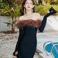 DOLLY High End Black Off Shoulder Long Sleeve Brown Feather Tube Top Dress-ADINA