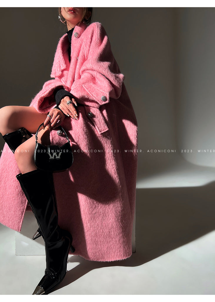 Luxury full Winter Coat Bubble gum Pink Inkstone wool long coat - Lanshan