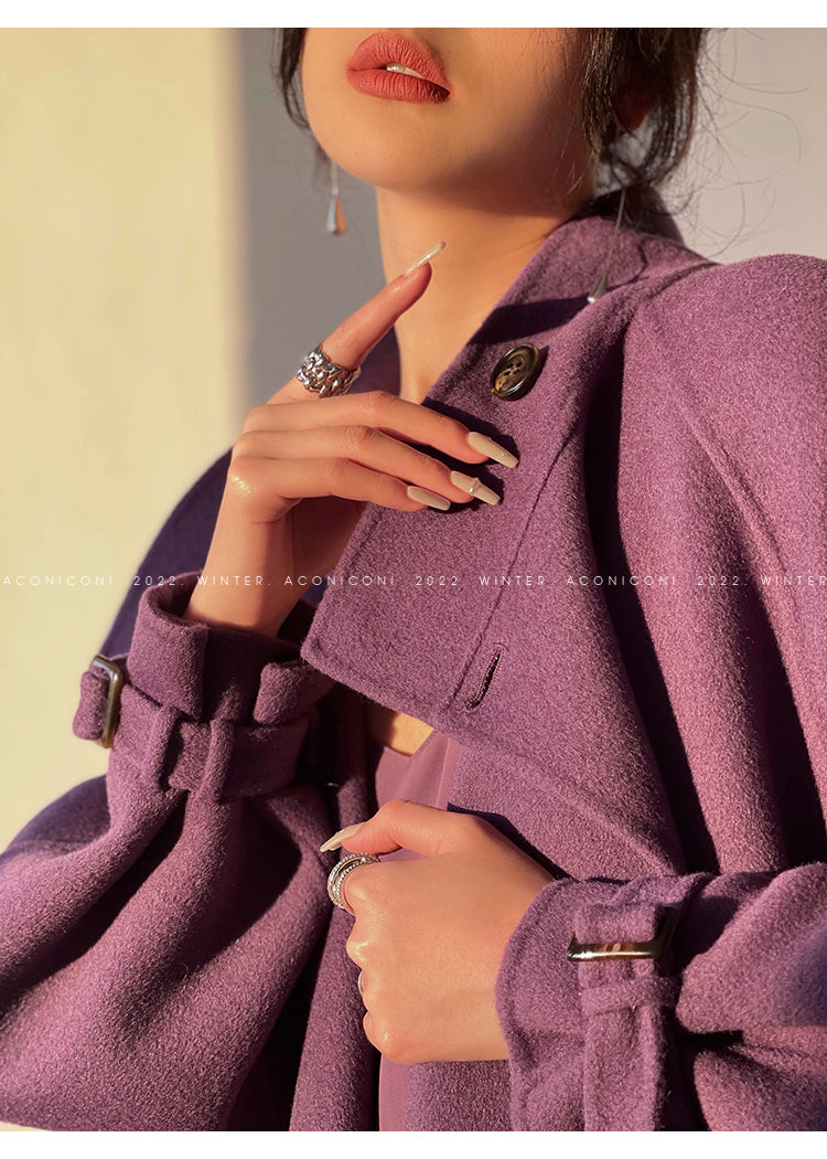 Aconiconi Autumn purple tan double-sided heavy wool cloak jacket long coat - Maple