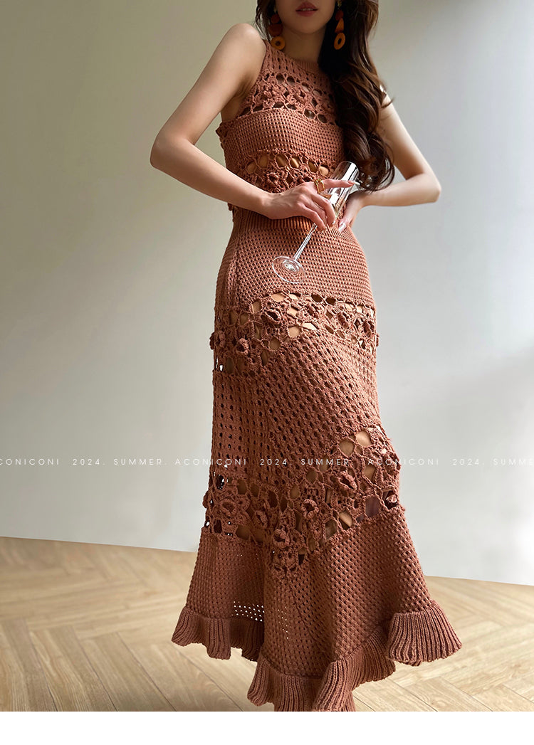 Aconiconi Elegant Brown Sleeveless 100% cotton Crochet Knitted Long midi Dress - Alice Dream