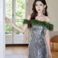 DOLLY Luxury Sliver Retro Style Green Feather Tube Top Long Glitter Party Dress-THEKLA