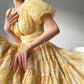 Aconiconi Elegant Yellow V-NeckPuff Sleeve Vacation Dress- Manshan