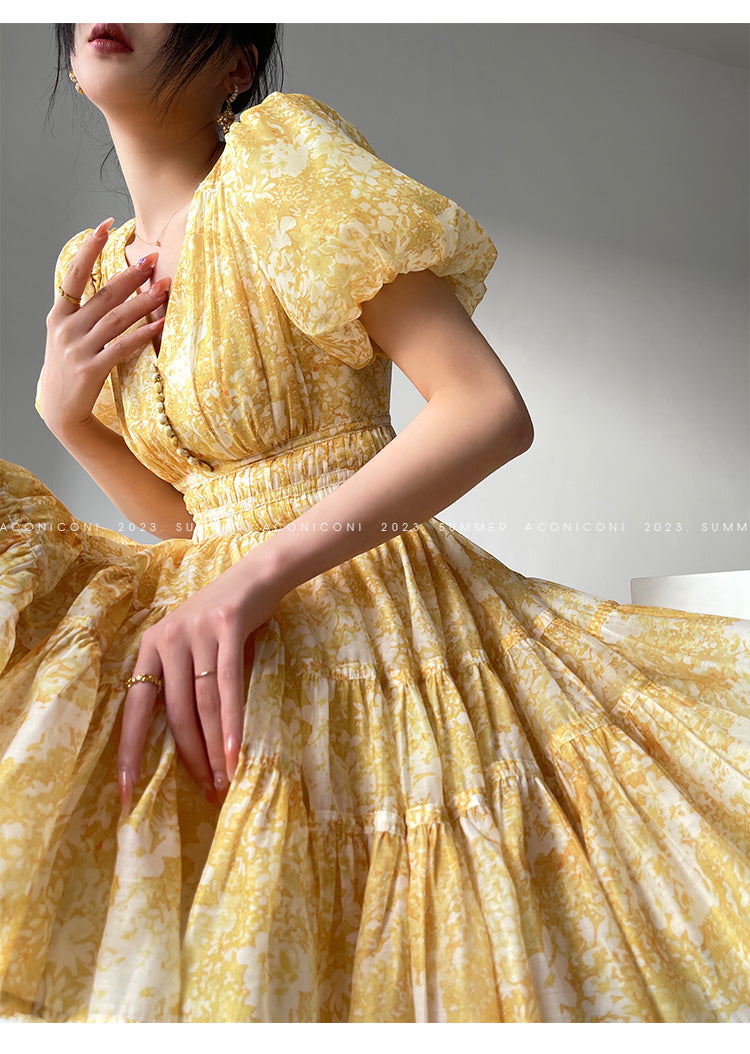 Aconiconi Elegant Yellow V-NeckPuff Sleeve Vacation Dress- Manshan