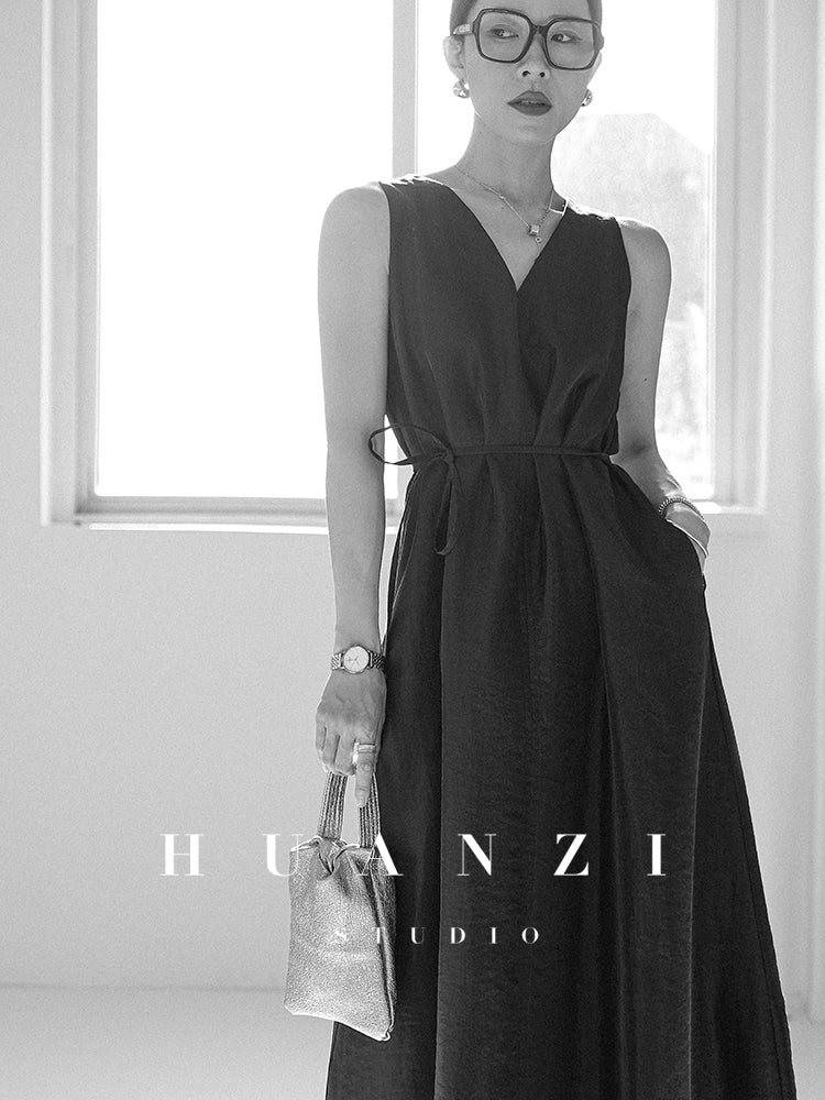 Huanzi custom high-end long sleeveless V-neck dress summer - Miel