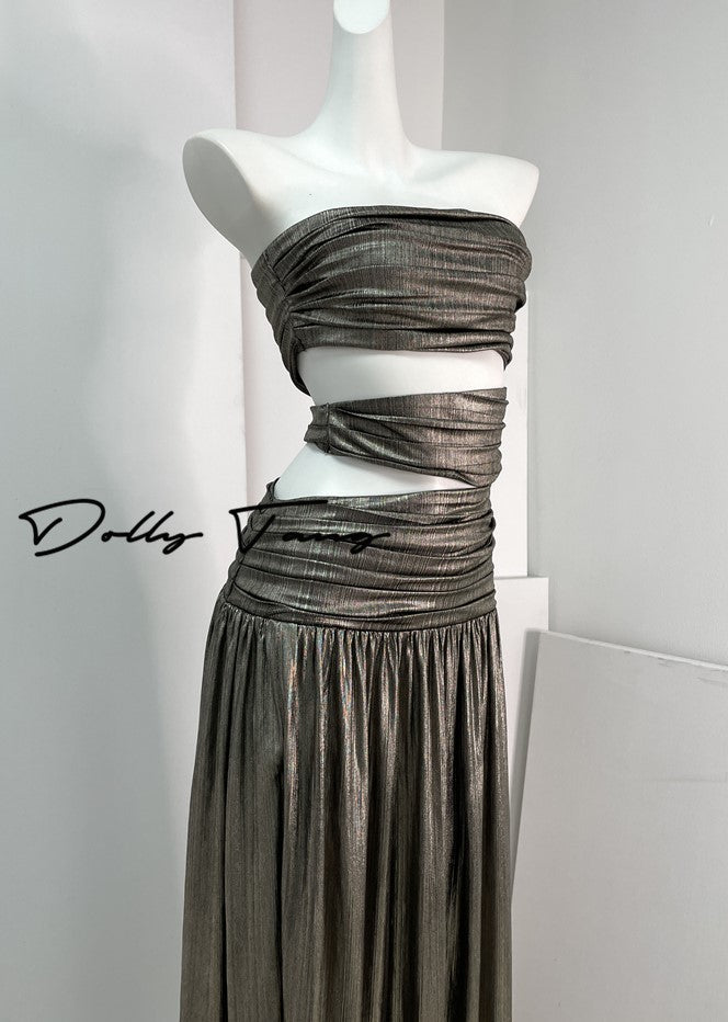 DOLLY Elegant Metallic Gray Skin Revealing Tube Top Long Dinner Dress-NIKITA