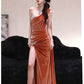 DOLLY Luxury Brown Velvet Greek Style Long Slit Banquet Dress-KARA