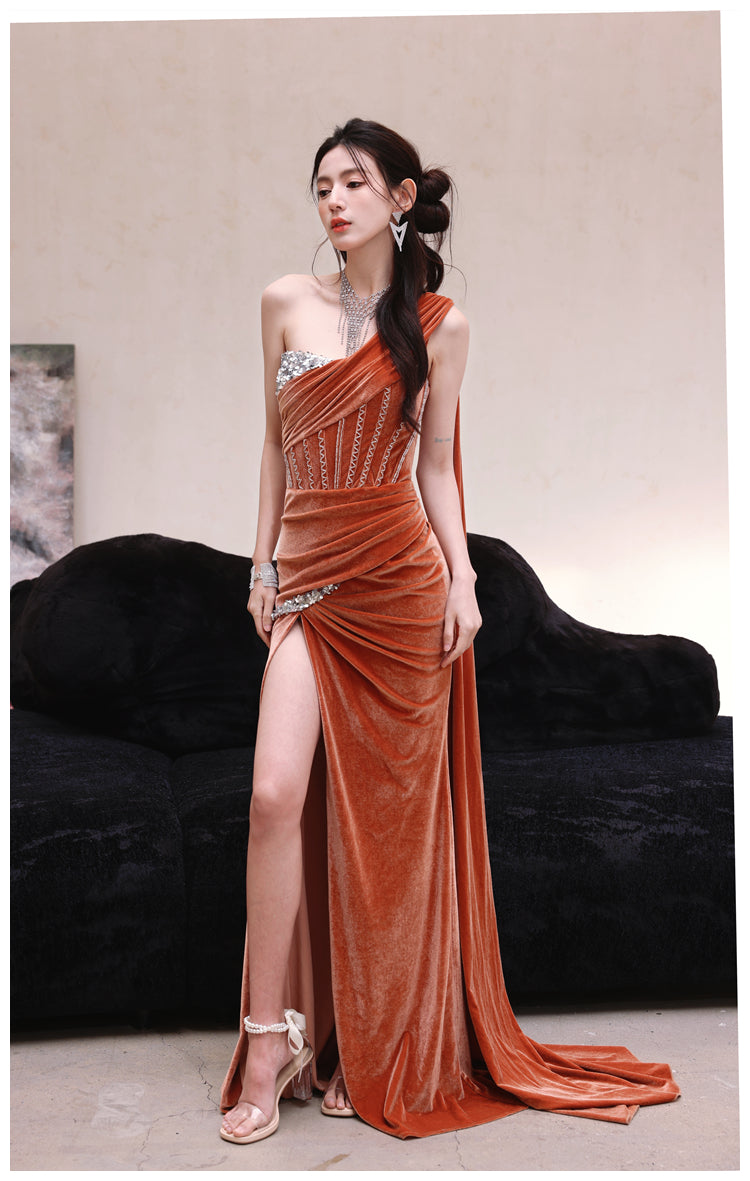 DOLLY Luxury Brown Velvet Greek Style Long Slit Banquet Dress-KARA