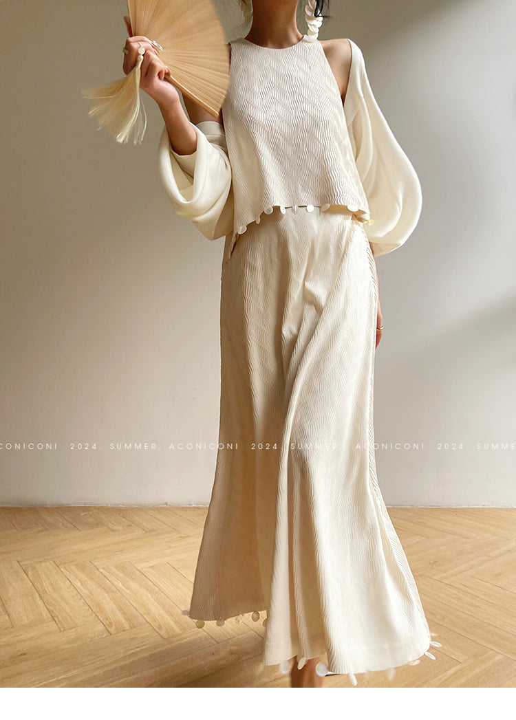 Aconiconi Elegant Beige Crew Neck Top/ High Waist Loose Long Skirt- Sea of Clouds Wind Chime