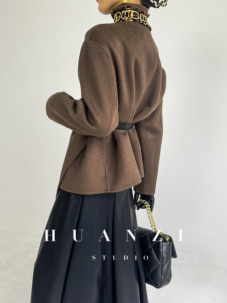 Huanzi wool tweed autumn  winter short cashmere double-sided coat - Talfy