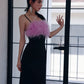 DOLLY Elegant Black Fluffy Feather backless Long Date Dress-JAS